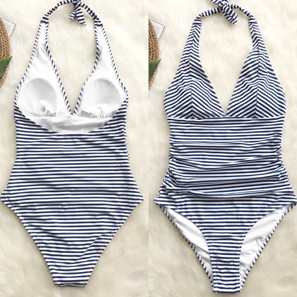 Blue and white halter swimsuit